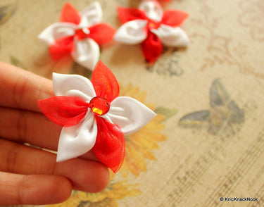 Satin Ribbon Red and White Flower Appliques/ Crafts/ Wedding Decoration x 5